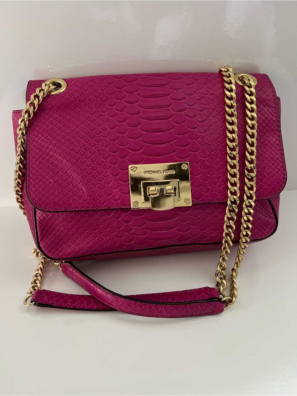 Michael Kors Fuchsia Embossed Crossbody with Gold Chain